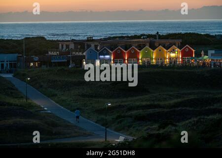 Île de Langeoog en mer du Nord, Dünenweg, soirées, gastronomie et commerces dans les dunes, Basse-Saxe, Allemagne, Banque D'Images