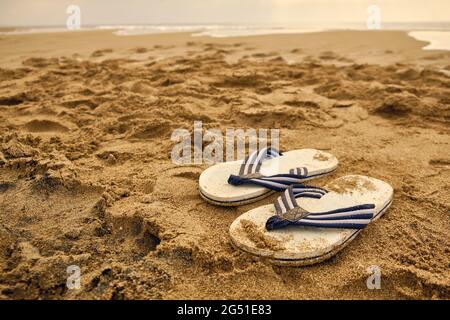 Tongs sur une plage de sable de la mer Banque D'Images