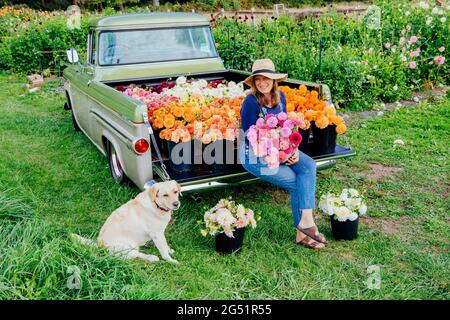 Femme aux fleurs de Dahlia et chien assis à l'arrière du camion Banque D'Images