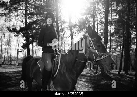 Jeune femme Rider avec son cheval appréciant la bonne humeur dans la lumière du coucher du soleil Banque D'Images