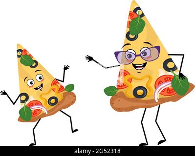 Des personnages de pizza mignons avec des émotions heureuses et un visage souriant Illustration de Vecteur