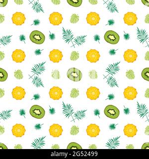 Motif sans couture avec kiwi, ananas et branche de paume. Imprimé été mignon avec des plats exotiques. Fond avec dessert savoureux et sucré. Ornement pour textiles Illustration de Vecteur