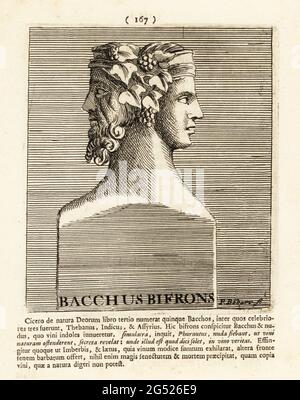 Bacchus Bifrons, avec deux têtes orientées dans des directions opposées, portant des feuilles de vigne et des raisins. dieu romain de la fertilité, de la célébration, du rituel, du vin et de l'intoxication. Dionysos dans la mythologie grecque. Gravure sur plaque de coperplate par Pieter Bodart (1676-1712) de Henricus Soud's Deorum et Heroum, Vicorum et Mulierum Illastrium imagines Antiquae Illastatae, Dieux et héros, hommes et femmes, illustré avec des images anciennes, Petrum, Amsterdam, 1715. Publié pour la première fois sous le nom de Favissæ utriusque antiquitatis tam Romanæ quam Græcæ en 1707. Henricus Spoor était médecin néerlandais, érudit classique, poète et écrivain, fl. 1694-17 Banque D'Images