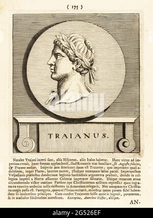 L'empereur romain Trajan dans la couronne de Laurier, 53-117. Marcus Ulpius Nerva Traianus (César) , gouverneur de l'Allemagne sous Nerva. Trajanus. Gravure sur plaque de coperplate par Pieter Bodart (1676-1712) de Henricus Soud's Deorum et Heroum, Vicorum et Mulierum Illastrium imagines Antiquae Illastatae, Dieux et héros, hommes et femmes, illustré avec des images anciennes, Petrum, Amsterdam, 1715. Publié pour la première fois sous le nom de Favissæ utriusque antiquitatis tam Romanæ quam Græcæ en 1707. Henricus Spoor était médecin néerlandais, érudit classique, poète et écrivain, fl. 1694-1716. Banque D'Images