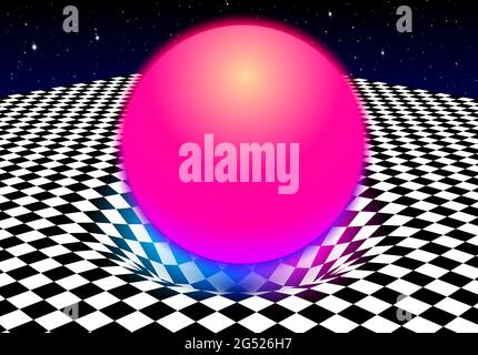 Arrière-plan abstrait en damier avec boule rouge et effet de gravité sur la fosse ou le trou sur le sol. Illustration Vaporwave ou Synthwave 80s stylisée. Illustration de Vecteur