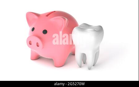 Banc de porc rose et dent isolée sur fond blanc. Le concept de l'économie pour le traitement dentaire. rendu 3d. Banque D'Images