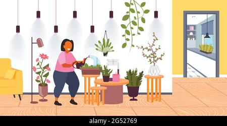 femme avec l'arrosage peut prendre soin de la maison fille s'occupant des plantes d'intérieur rester à la maison style de vie Illustration de Vecteur