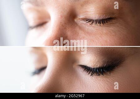 Femme visage peau maquillage. Comparaison avant et après Banque D'Images