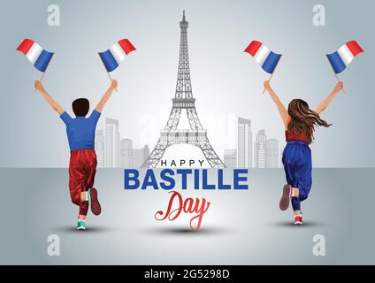 Bonne fête de la bastille 14 juillet. Un garçon et une fille courir avec drapeau de France. Dessin d'illustration vectoriel. Illustration de Vecteur