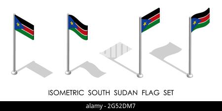 Drapeau isométrique du Soudan du Sud en position statique et en mouvement sur le mât. vecteur 3d Illustration de Vecteur
