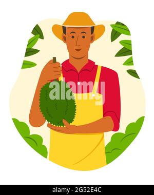 L'homme fermier asiatique tient le Durian de la récolte dans le jardin tropical de fruits. Illustration de Vecteur