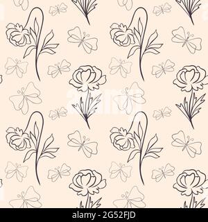 Motif sans couture avec fleurs et papillons, illustration vectorielle. Arrière-plan continu avec papillons et fleurs avec pétales en fleurs. Art de ligne, han Illustration de Vecteur