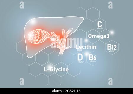 Nutriments essentiels pour la santé de la vessie de Gall, y compris Omega 3, L-Glycine, Omega3, lécithine sur fond gris clair Banque D'Images