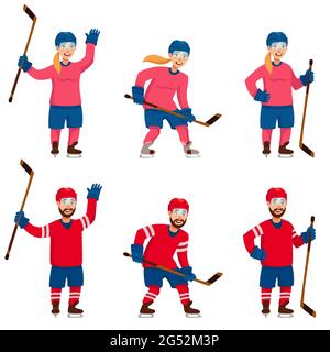 Ensemble de joueurs de hockey dans différentes poses. Personnages masculins et féminins dans un style de dessin animé. Illustration de Vecteur