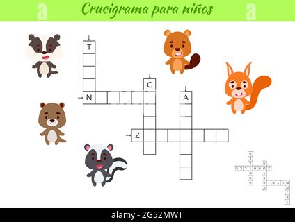 Mots croisés pour les enfants en espagnol avec des photos d'animaux. Jeu éducatif pour étudier la langue espagnole et les mots. Feuille de travail imprimable de l'activité enfants. Illustration de Vecteur