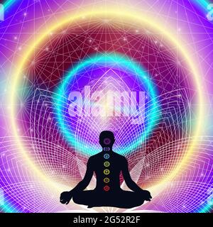 silhouette d'homme dans lotus yoga pose et symboles chakras Banque D'Images
