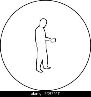 Homme avec une casserole dans ses mains préparer la nourriture cuisine masculine utiliser des saucières silhouette dans le cercle rond noir couleur vecteur illustration contour Illustration de Vecteur