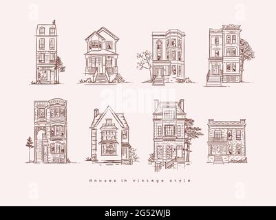 Ensemble de maisons dessinant dans le style ancien vintage avec des lignes brunes Illustration de Vecteur