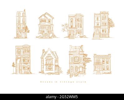 Ensemble de maisons dessinant dans un style ancien. Illustration de Vecteur
