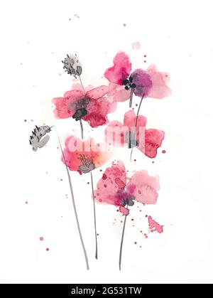 Illustration de l'encre et de l'aquarelle dessinées à la main : fleurs et bourgeons rouges sur fond blanc Banque D'Images