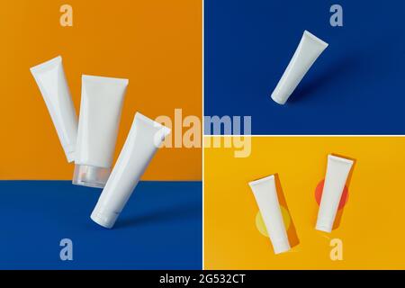 Collage avec tubes blancs vierges flacons avec produits de soin pour la peau sur fond orange et bleu Banque D'Images