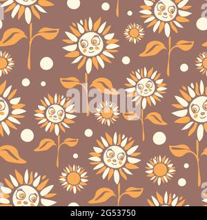 Motif vectoriel sans couture avec tournesol sur fond marron. Papier peint simple à motif fleuri. Textile de mode amusant pour les fleurs pour les enfants. Illustration de Vecteur