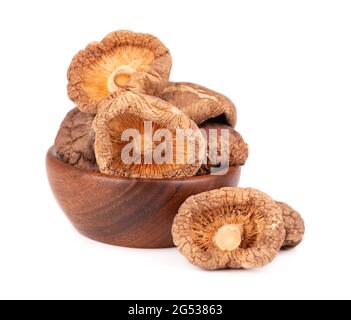 Champignons shiitake séchés dans un bol en bois, isolés sur fond blanc. Champignons de la forêt japonaise. Lentinula edodes. Gros plan. Banque D'Images