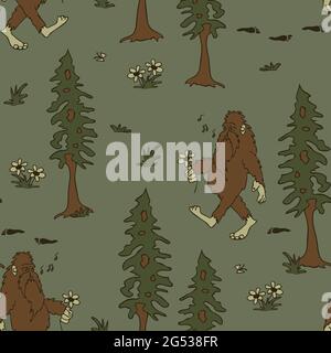 Motif vectoriel sans couture avec Bigfoot sur fond gris. Papier peint Sasquatch amusant. Légende mythique du textile de mode. Illustration de Vecteur