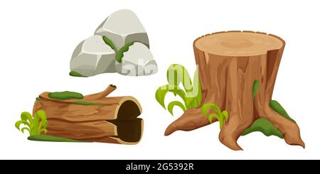 Définir la souche de l'arbre, le bois et la pile de pierre avec de la mousse de style dessin animé, objets de forêt isolés sur fond blanc. Actifs d'interface utilisateur. Collection nature pour le paysage. Illustration vectorielle Illustration de Vecteur