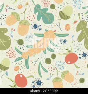 Motif vectoriel sans couture dessiné à la main avec des éléments d'automne, des glands, des feuilles, des baies et des graines Illustration de Vecteur