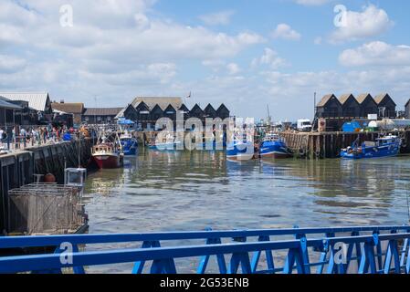 Des bateaux de pêche amarrés dans le port de Whitstable lors d'une journée ensoleillée d'été. Whitstable, Kent, Angleterre, Royaume-Uni Banque D'Images