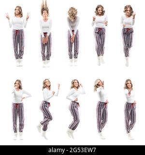 Collage de mignons jeunes femmes heureux en pyjama sautant les cheveux célébrant le succès. Personnes du corps entier isolées sur fond blanc. Banque D'Images