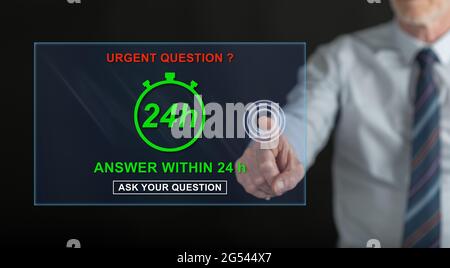 Homme touchant un concept de questions urgentes sur un écran tactile avec son doigt Banque D'Images