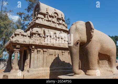 Pancha Rathas (cinq Rathas) de Mamallapuram, un site classé au patrimoine mondial de l'UNESCO à Tamil Nadu, en Inde du Sud Banque D'Images