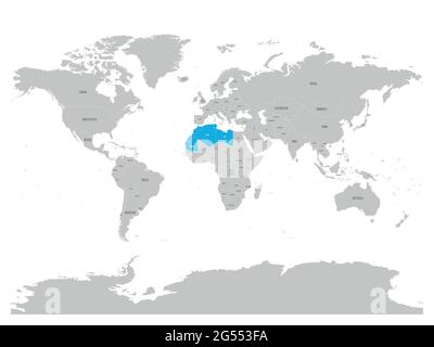 Carte des pays du Maghreb - Etats de l'Afrique du Nord-Ouest surlignés en bleu sur la carte du monde. Illustration vectorielle Illustration de Vecteur