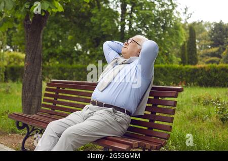 Portrait d'un homme senior heureux et détendu assis sur un banc dans un parc d'été vert Banque D'Images