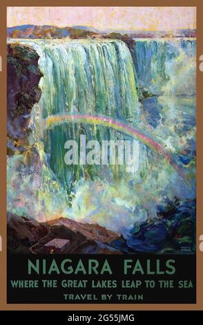 Chutes du Niagara. Là où les Grands Lacs se trouvent en mer. Voyage en train par Frederick C. Madan (1885-1972). Affiche ancienne restaurée publiée en 1924 au Canada. Banque D'Images