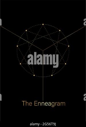 Icône Enneagram, géométrie sacrée de luxe doré, modèle de logo de diagramme, un à neuf concernant les neuf types de personnalité, style en pointillés dorés Illustration de Vecteur