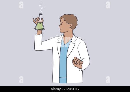 Recherche scientifique et concept de chimie. Jeune scientifique positif chimiste en uniforme de travail personnage de dessin animé debout menant des expériences scientifiques dans l'illustration vectorielle de laboratoire Illustration de Vecteur