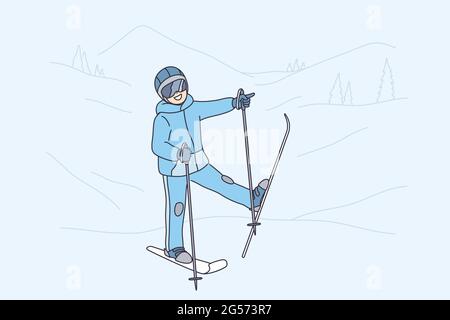 Activités d'hiver et concept de loisirs. Personnage de dessin animé enfant souriant en costume de sport debout et prêt à glisser vers le bas de la pente de l'illustration du vecteur Illustration de Vecteur