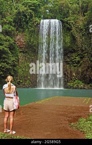 Les chutes de Millaa Millaa et le lagon envoûtant sont considérés par une femme touristique blonde pendant une journée sur les plateaux d'Atherton à l'arrière de Cairns Banque D'Images