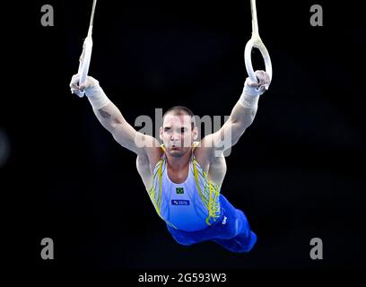 Doha, Qatar. 25 juin 2021. Arthur Zanetti, du Brésil, participe à la finale des anneaux masculins à la 13e COUPE du monde DE GYMNASTIQUE ARTISTIQUE DE LA FIG à Doha, capitale du Qatar, le 25 juin 2021. Credit: Nikku/Xinhua/Alay Live News Banque D'Images