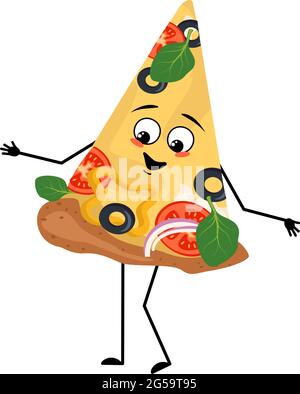 Un adorable personnage de pizza aux émotions joyeuses, au visage souriant, aux yeux, aux bras et aux jambes heureux Illustration de Vecteur