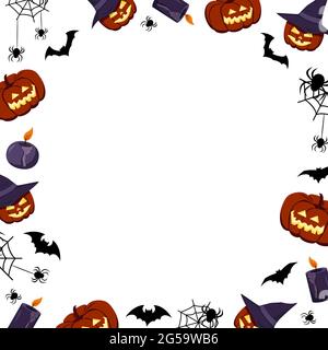 Cadre lumineux sur fond blanc avec citrouilles, fantômes, crânes, chauves-souris et araignées Illustration de Vecteur