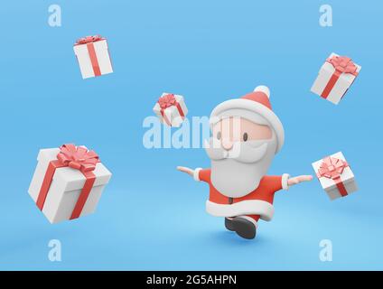 3d Rendering Cute Santa Running with White Present Box on Blue Background Banque D'Images