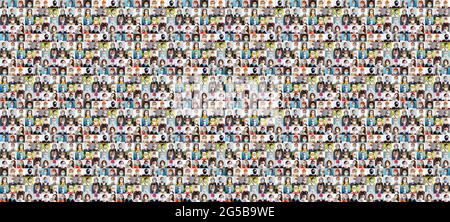 Des centaines de personnes multiraciales rassemblent la collection de photos, la mosaïque du collage. Beaucoup de multiculturels différents hommes et femmes souriant visages Banque D'Images