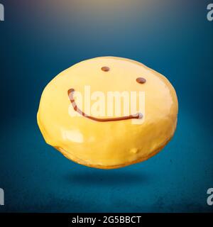 Sourire volant visage donut ou donut sur fond bleu Banque D'Images