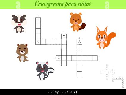 Mots croisés pour les enfants en espagnol avec des photos d'animaux. Jeu éducatif pour étudier la langue espagnole et les mots. Feuille de travail imprimable de l'activité enfants. Illustration de Vecteur