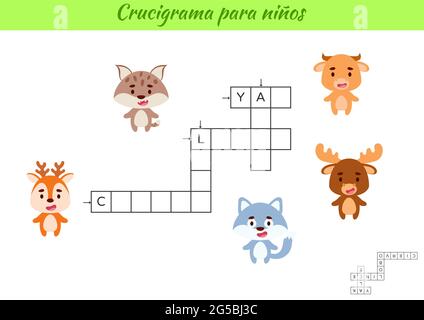 Mots croisés pour les enfants en espagnol avec des photos d'animaux. Jeu éducatif pour étudier la langue espagnole et les mots. Feuille de travail imprimable de l'activité enfants. Illustration de Vecteur