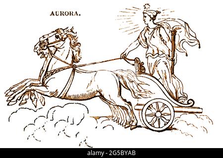 Une représentation en 1839 de la figure mythologique Aurora la déesse de l'aube dans la mythologie grecque et romaine . Elle a évolué du nom d'une ancienne déesse indo-européenne de l'aube, Hausos. Dans la poésie grecque, Aurōra était la mère de l'Anemoi (les vents), et la progéniture d'Astraeus, le père des étoiles. Banque D'Images